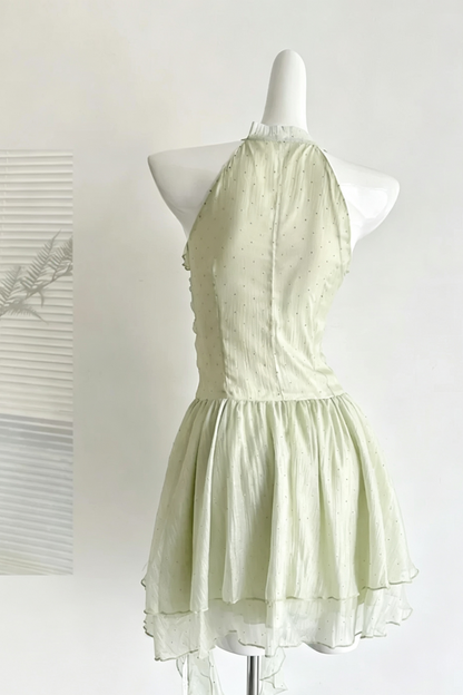 Light Green Halter Floral Rose Ruffle Mini Dress Sparkly Party Gown F0211