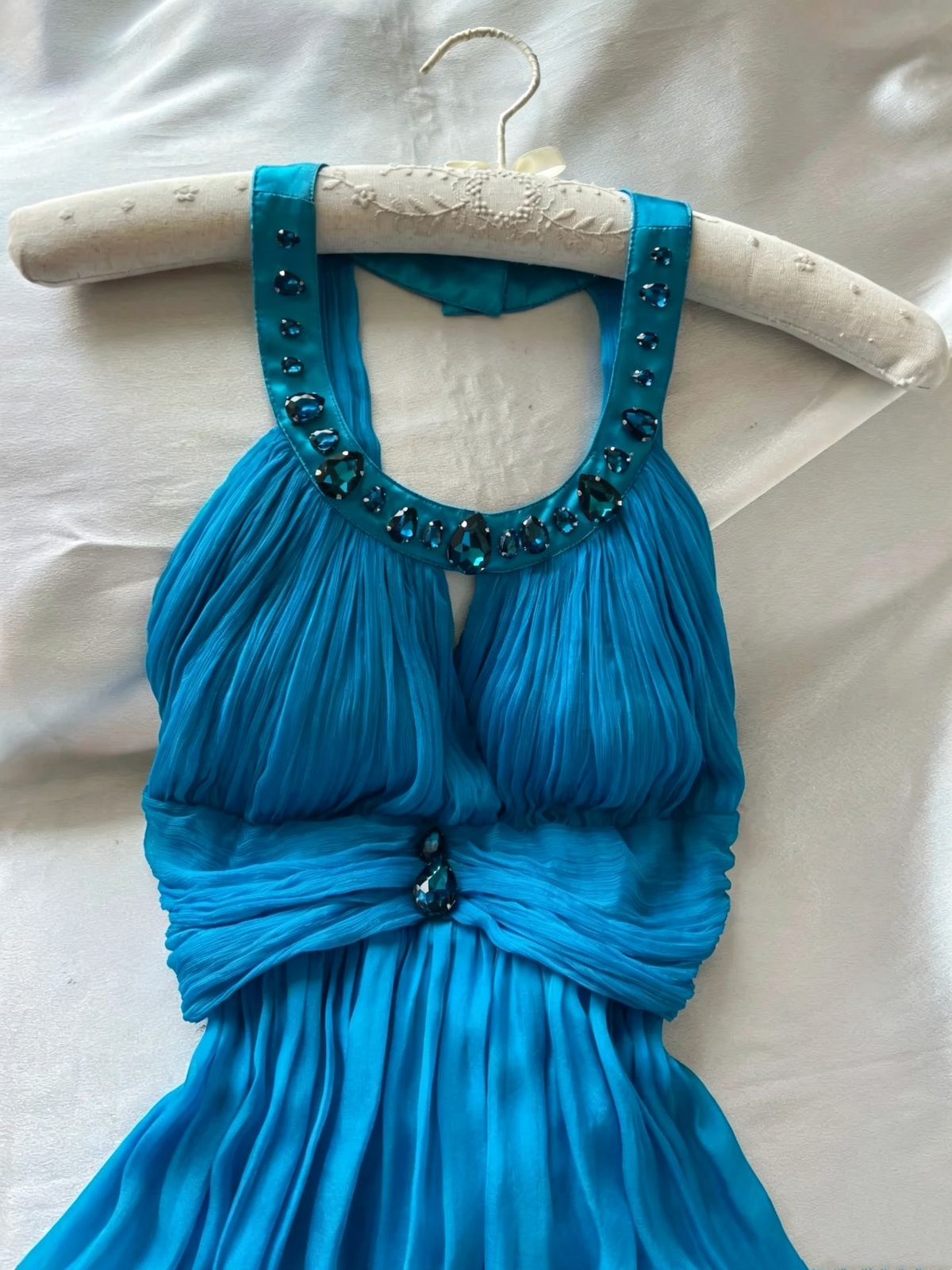 Turquoise Halter Chiffon Cocktail Dress Rhinestone Embellished F0263