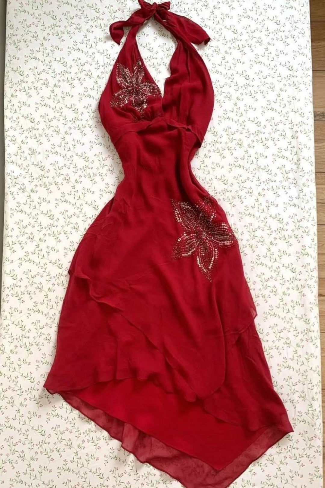 Red Halter Chiffon Dress Beaded Floral Asymmetrical Party Dress F0218