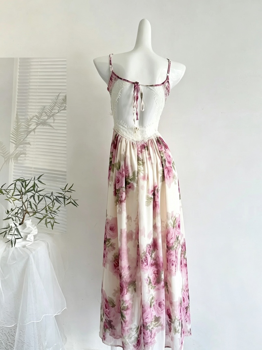 Rose Floral Spaghetti Strap Maxi Dress Lace Back Tie Formal Gown F0209