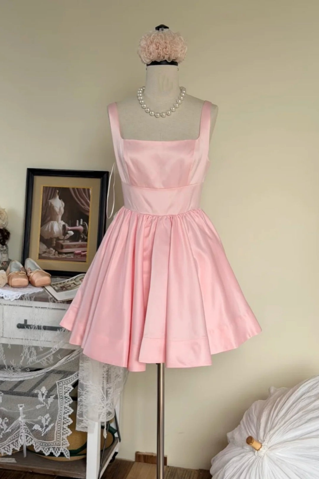 Baby Pink Satin Square Neck Mini Homecoming Dress  F0271