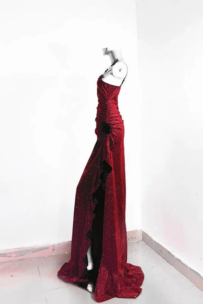 Burgundy Glitter Spaghetti Strap Mermaid Long Prom Dress F0280
