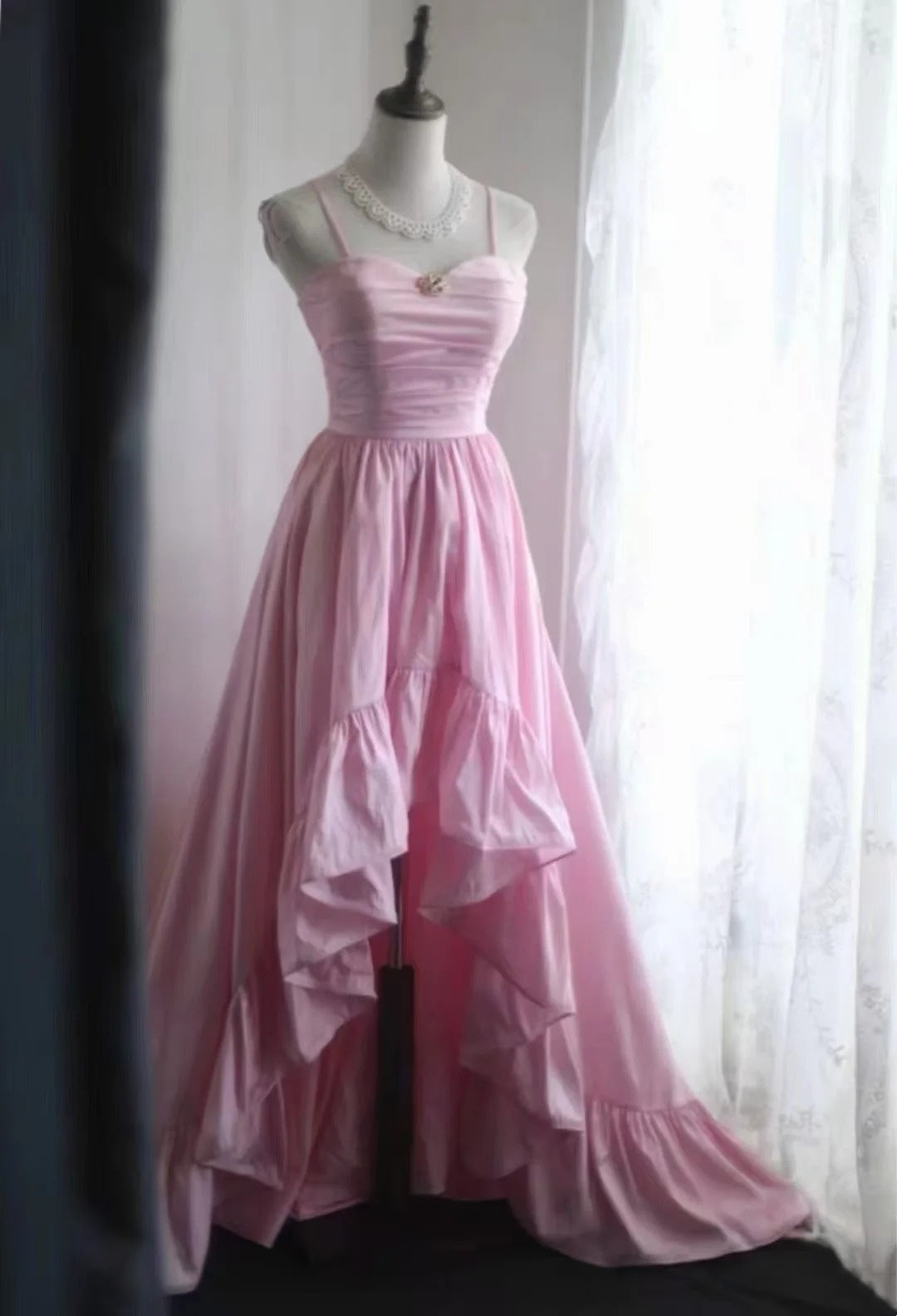 Pink Spaghetti Strap High Low Evening Dress Ruffled Formal Gown F0229