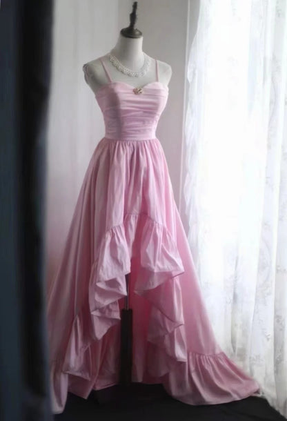 Pink Spaghetti Strap High Low Evening Dress Ruffled Formal Gown F0229