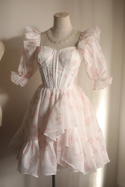 Pink Floral Short Homecoming Dress Puff Sleeve Corset Mini Gown F0199