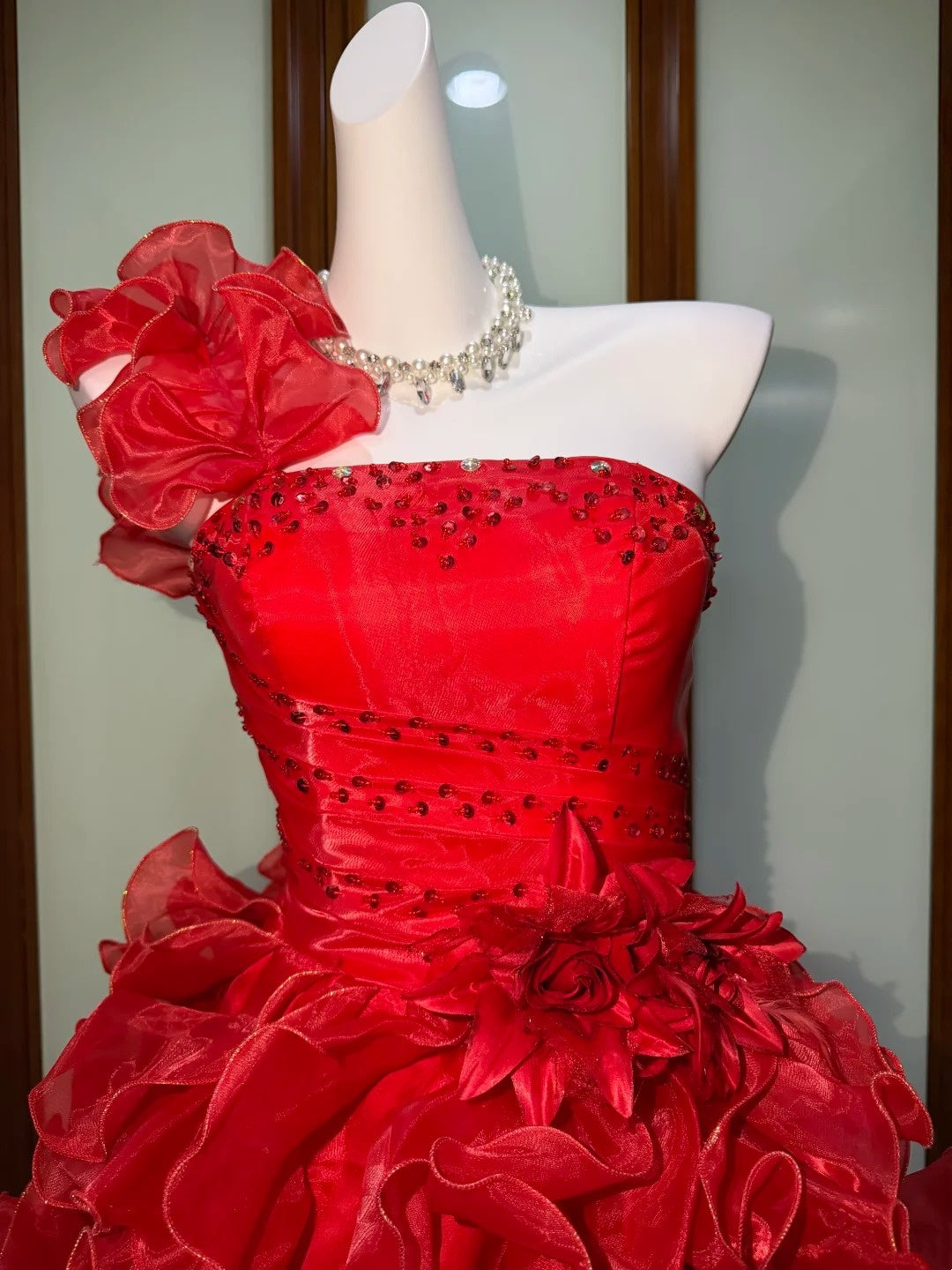 One‑Shoulder Ruffled Red Mini Dress 3D Floral Beaded Homecoming Prom Gown F0131