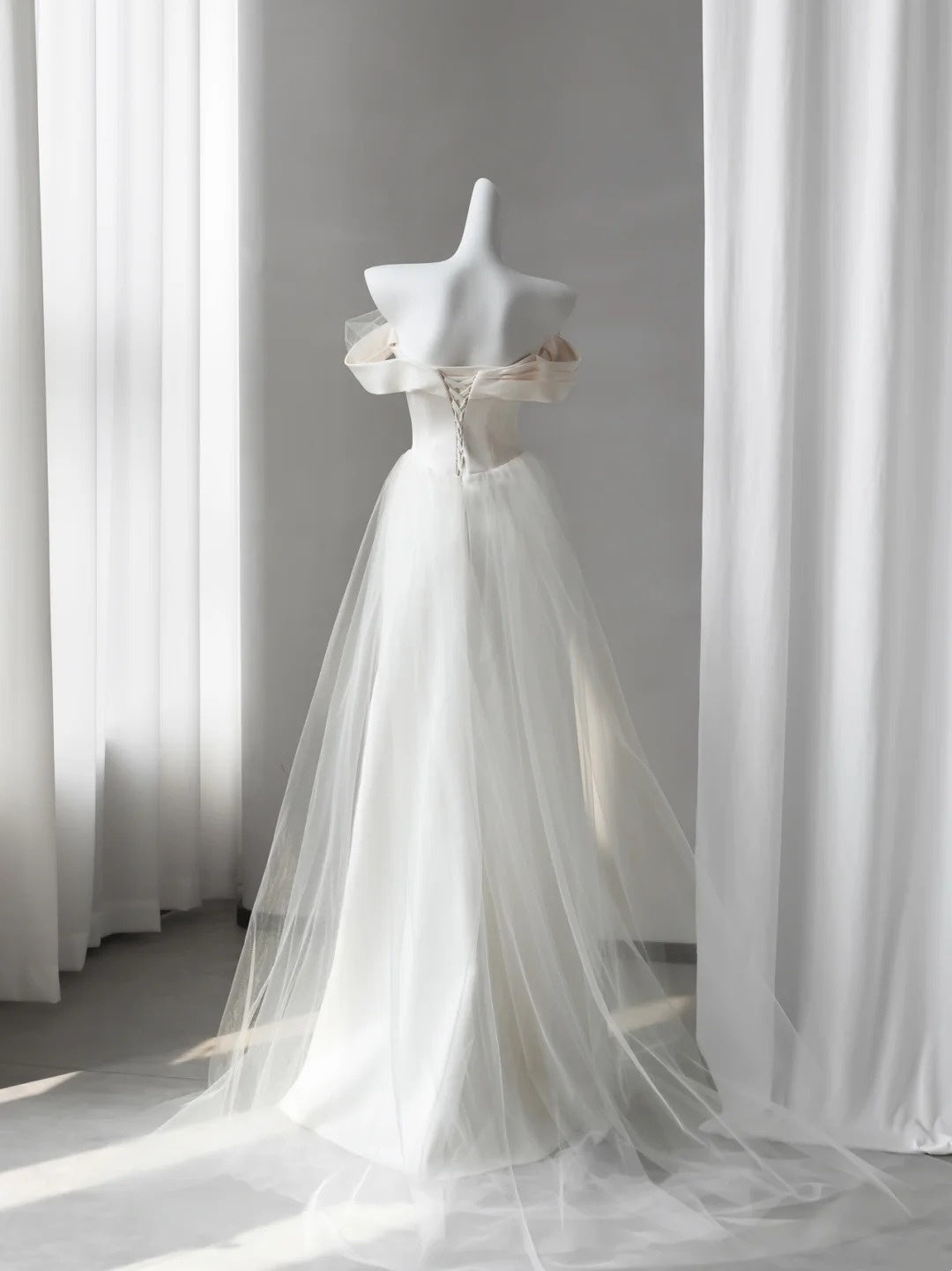 Ivory Off Shoulder Satin Wedding Dress Draped Mermaid Gown  F0247