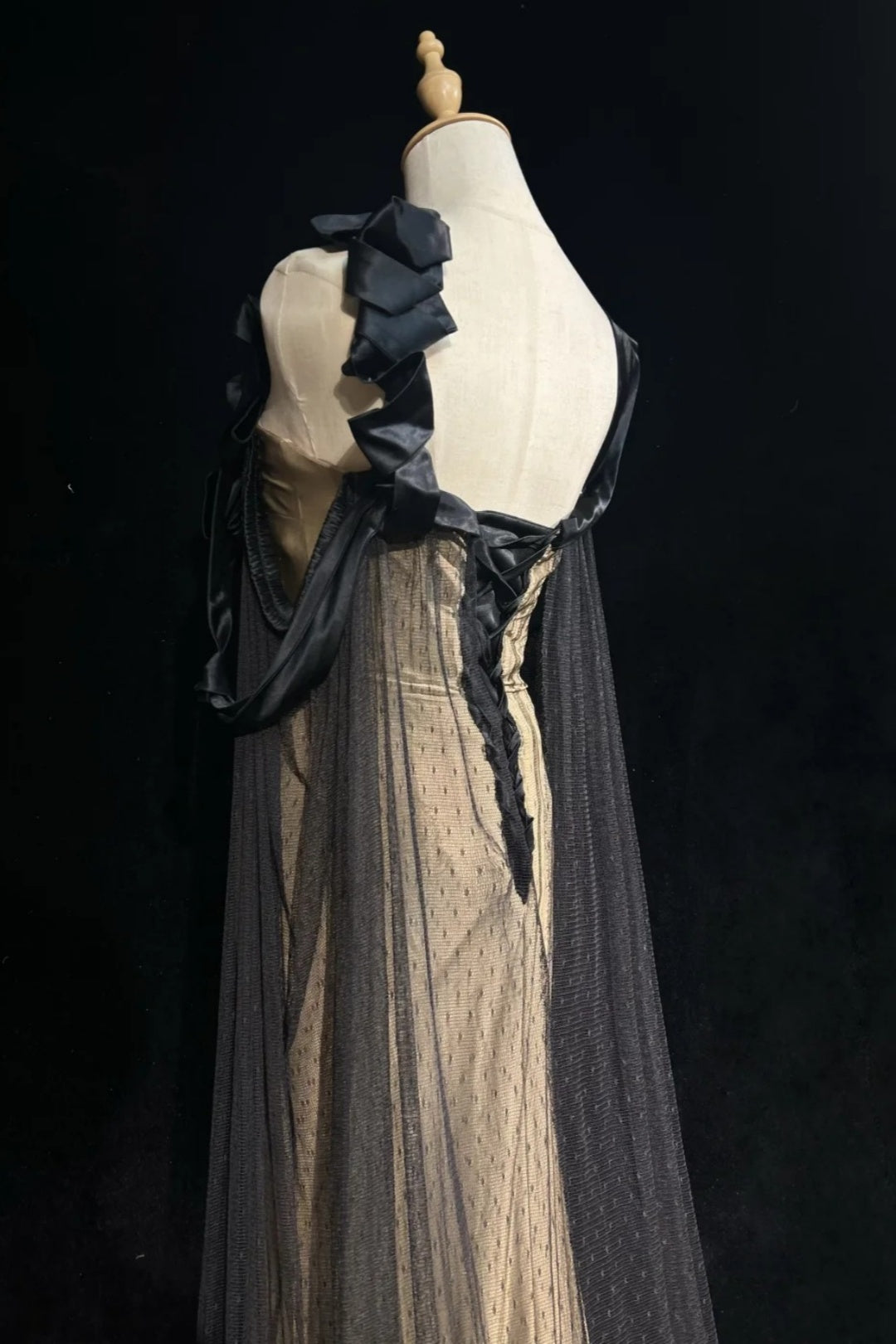 Champagne Mermaid Evening Dress Black Ribbon Beaded Cape Gown F0198