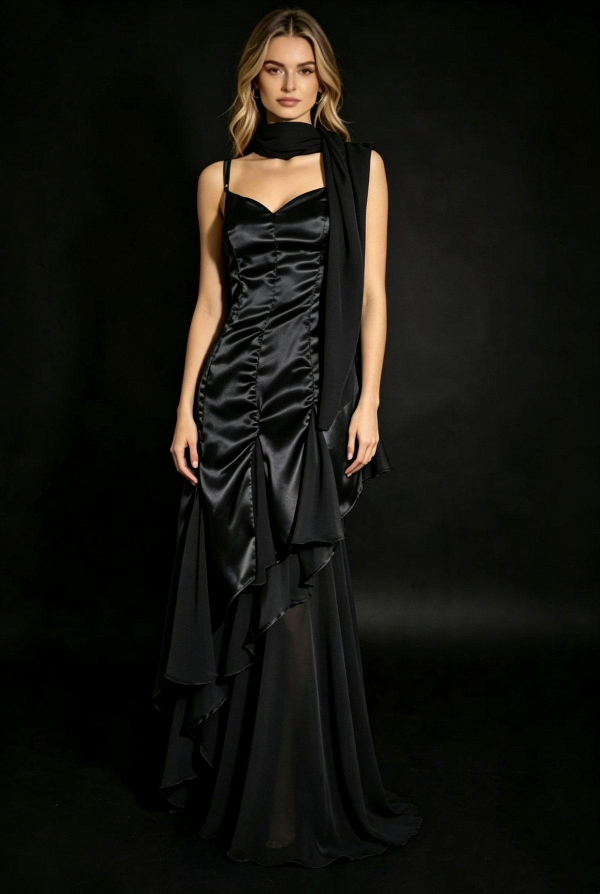 Emerald Green Satin Sweetheart Evening Dress Chiffon Scarf F0226
