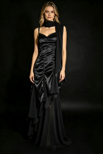 Emerald Green Satin Sweetheart Evening Dress Chiffon Scarf F0226