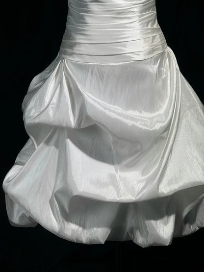 Strapless Lace Beaded Short Wedding Dress, Corset Lace‑Up Back Satin Bridal Gown F0129