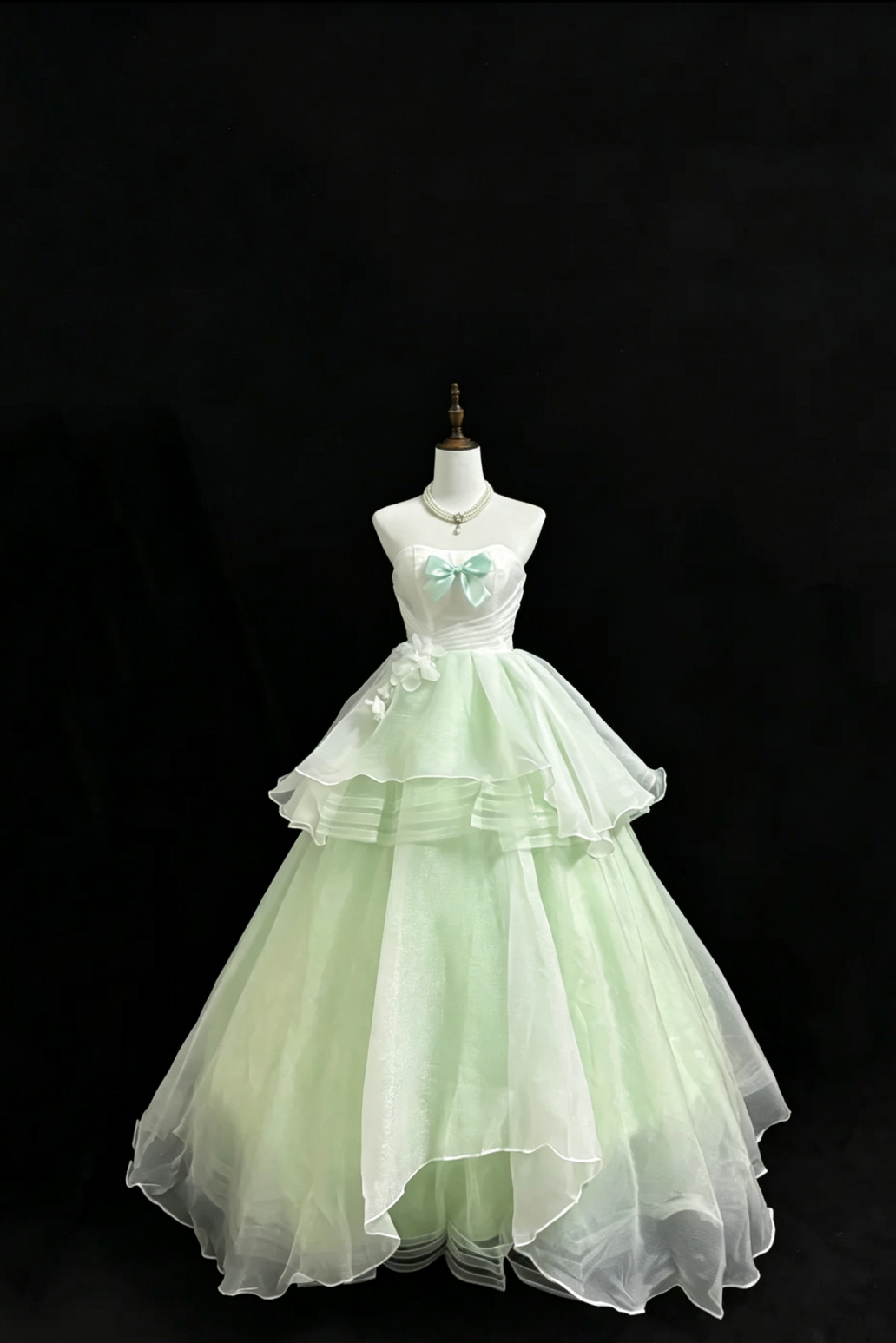 Mintgrünes trägerloses Tüllkleid mit Schleife und Blumenmuster für den Herbst, elegantes Abendkleid F0100