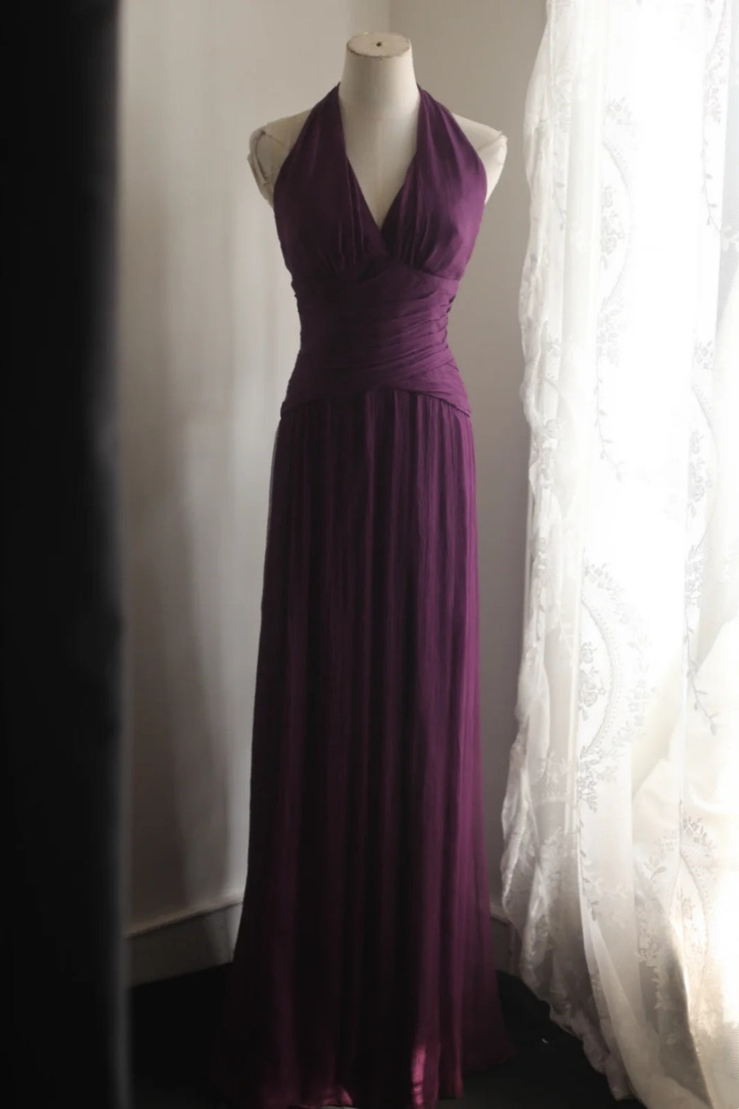 Evening Dress Dark Purple Halter V‑Neck Chiffon Long Formal Party Gown F0068