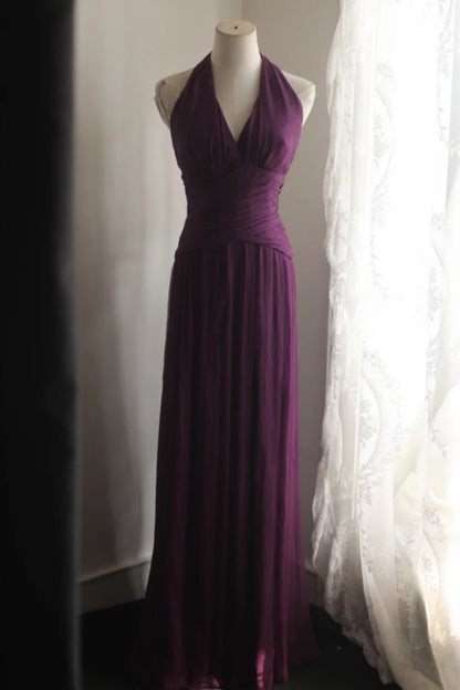 Evening Dress Dark Purple Halter V‑Neck Chiffon Long Formal Party Gown F0068