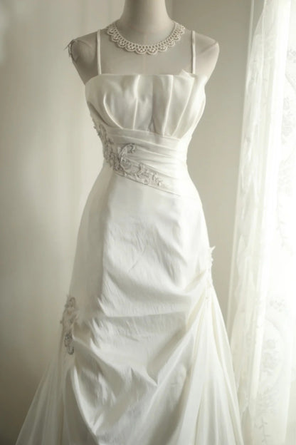 Satin Mermaid Wedding Dress Spaghetti Strap Corset Back Bridal Gown F0170