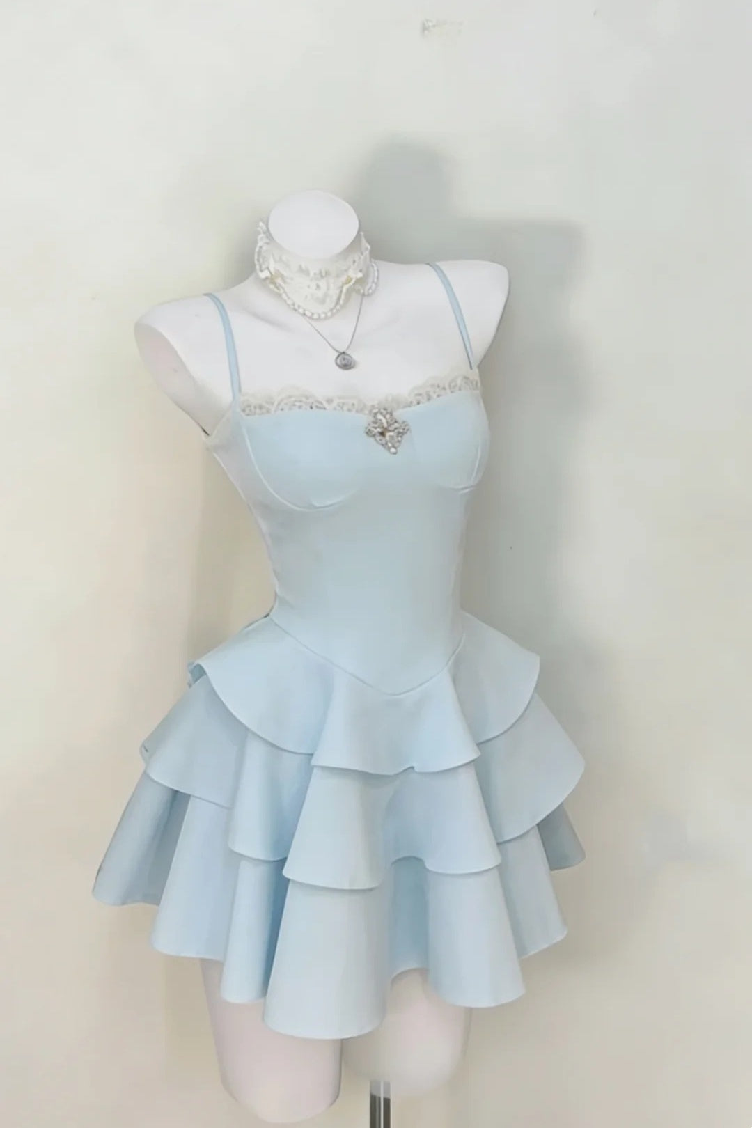 Light Blue Spaghetti Strap Mini Dress Lace Rhinestone Tiered Ruffle Dress F0236