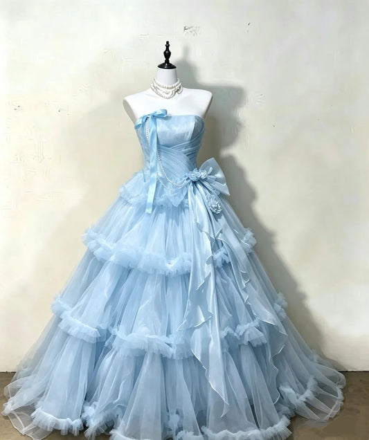 Light Blue Strapless Ball Gown Layered Ruffle Tulle Prom Dress F0244