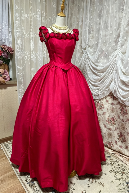 Vintage Red Off Shoulder Rose Corset Ballgown Formal Dress  F0269