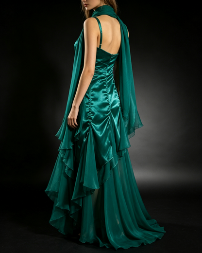 Emerald Green Satin Sweetheart Evening Dress Chiffon Scarf F0226