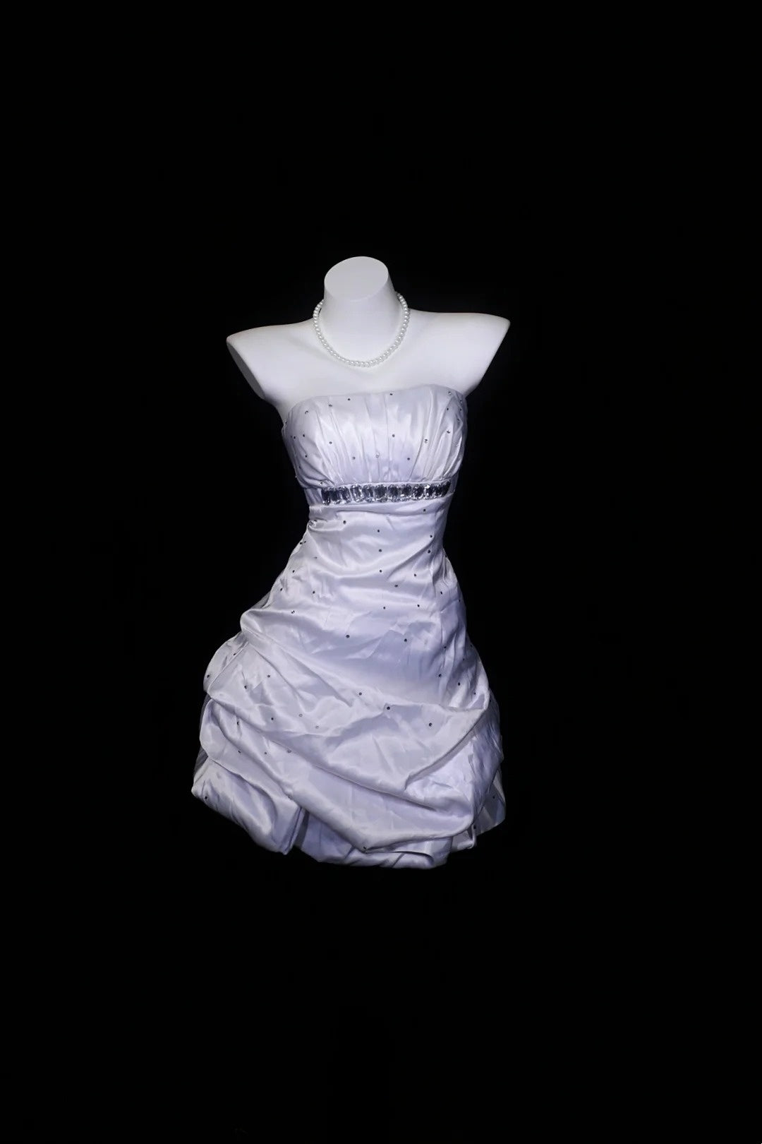 White Strapless Satin Mini Dress Crystal Ruched Bubble Dress F0248