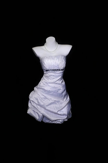 White Strapless Satin Mini Dress Crystal Ruched Bubble Dress F0248
