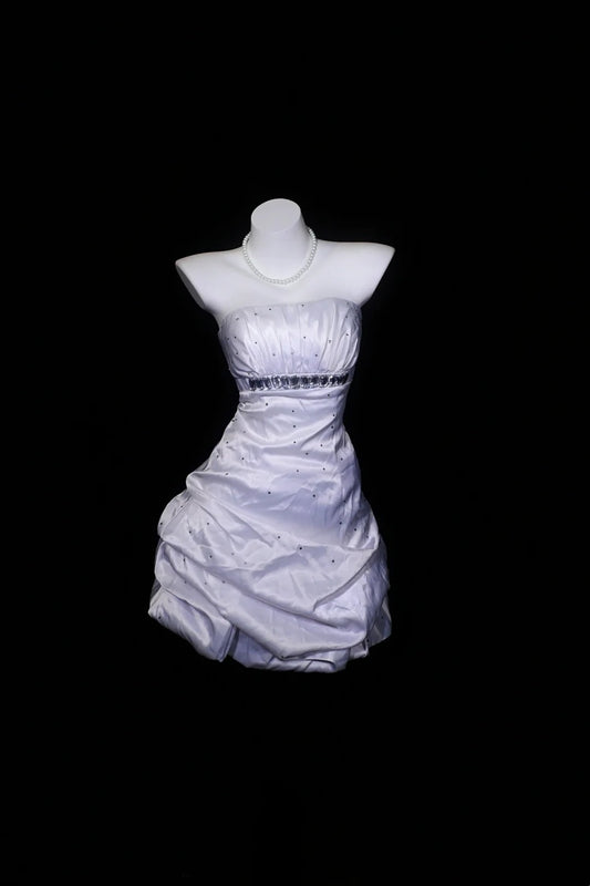 White Strapless Satin Mini Dress Crystal Ruched Bubble Dress F0248
