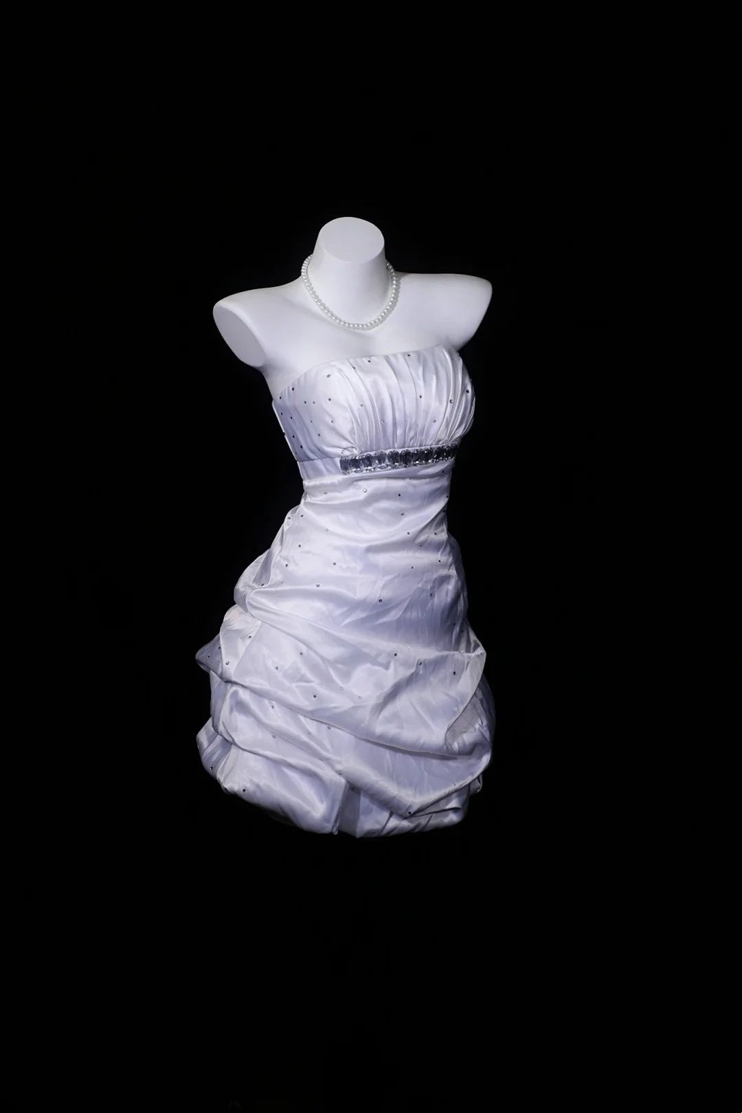 White Strapless Satin Mini Dress Crystal Ruched Bubble Dress F0248