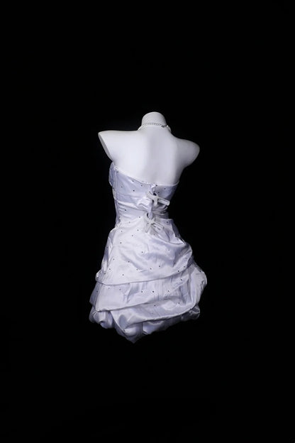 White Strapless Satin Mini Dress Crystal Ruched Bubble Dress F0248