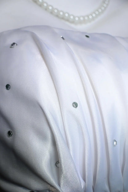 White Strapless Satin Mini Dress Crystal Ruched Bubble Dress F0248