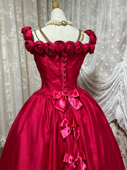 Vintage Red Off Shoulder Rose Corset Ballgown Formal Dress  F0269