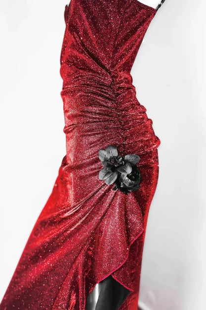 Burgundy Glitter Spaghetti Strap Mermaid Long Prom Dress F0280