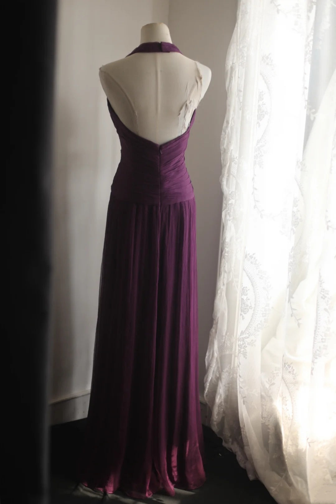 Evening Dress Dark Purple Halter V‑Neck Chiffon Long Formal Party Gown F0068