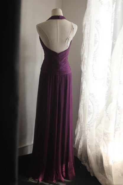 Evening Dress Dark Purple Halter V‑Neck Chiffon Long Formal Party Gown F0068