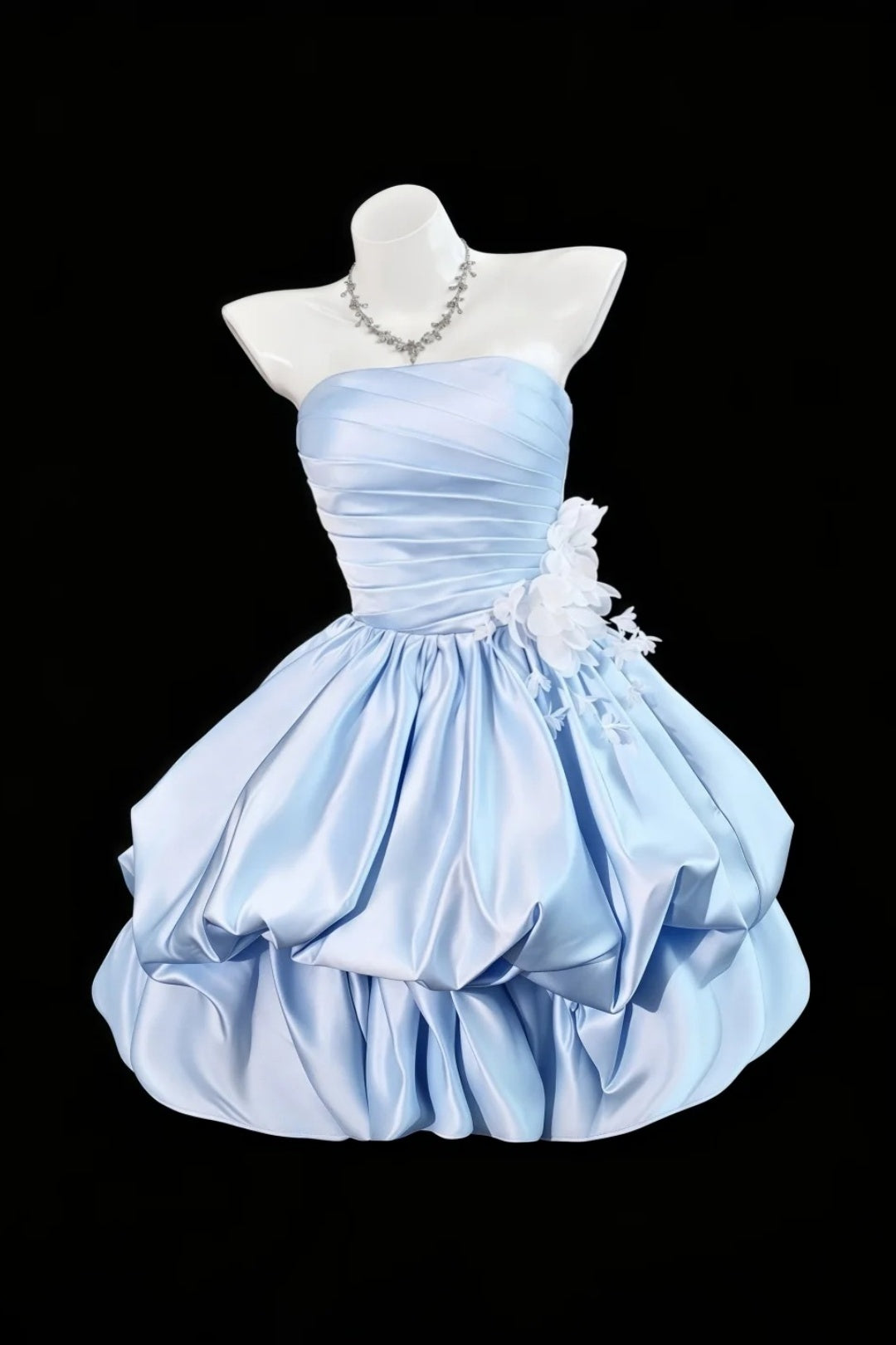 Light Blue Strapless 3D Floral Homecoming Dress Satin Short Party Gown  F0097