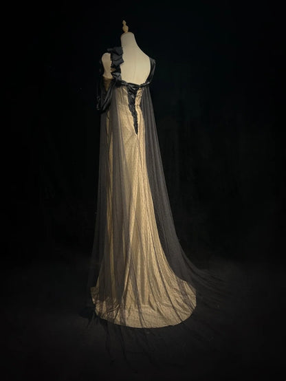 Champagne Mermaid Evening Dress Black Ribbon Beaded Cape Gown F0198