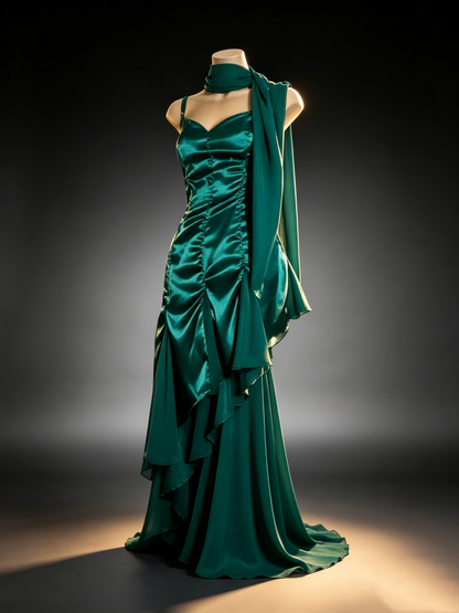 Emerald Green Satin Spaghetti Strap Dress Asymmetrical Chiffon Formal Gown Long & Midi F0025