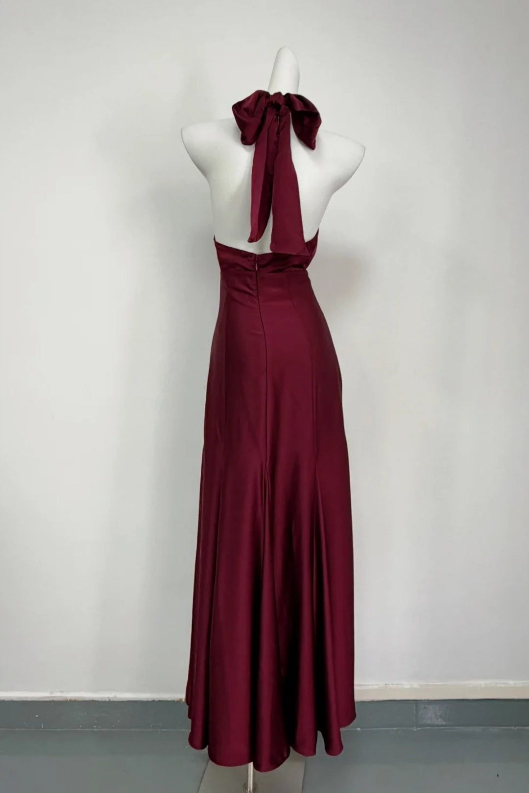 Burgundy Satin Halter Mermaid Evening Dress Keyhole Formal Gown F0182
