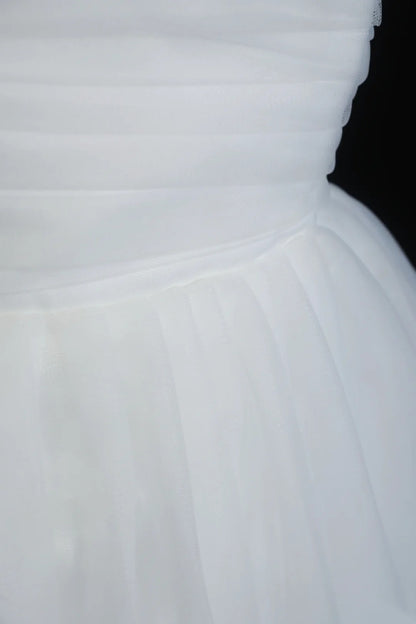 White Off Shoulder Tulle Mini Dress Corset Back Bow Homecoming Dress F0253