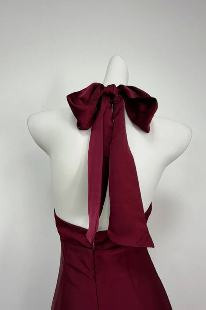 Burgundy Satin Halter Mermaid Evening Dress Keyhole Formal Gown F0182