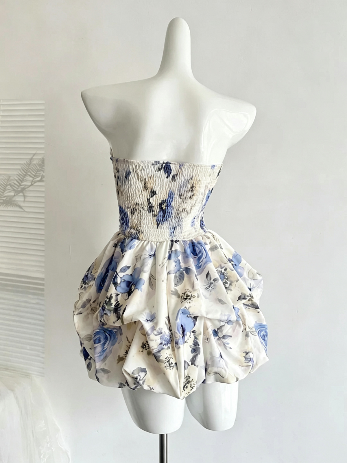 Floral Print Strapless Bubble Mini Dress Ruched Cocktail Gown F0214