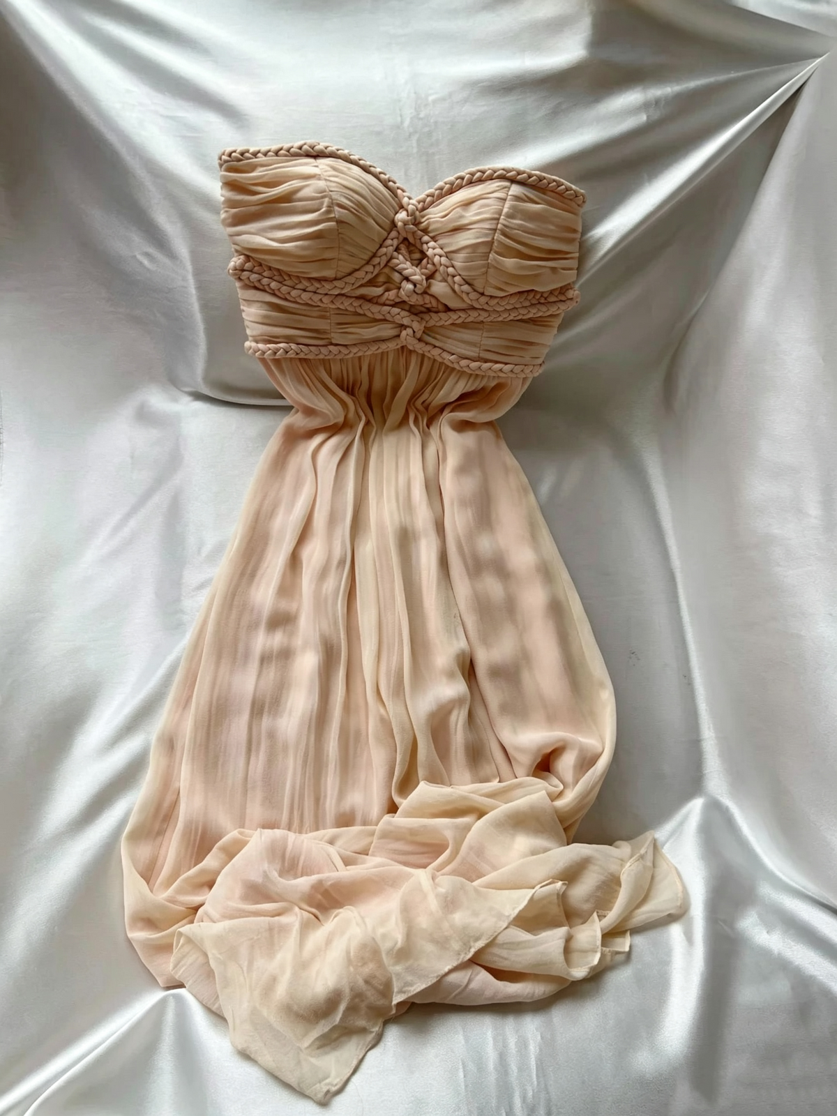 Romantic Blush Strapless Braided Chiffon Long Formal Dress F0260