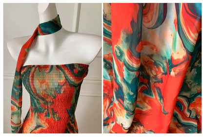 Abstract Marble Print Strapless Maxi Dress With Neck Scarf F0477