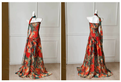 Abstract Marble Print Strapless Maxi Dress With Neck Scarf F0477