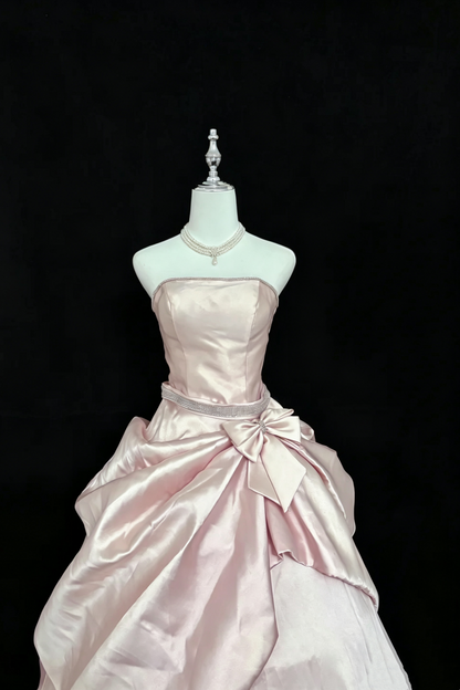 （Proprietary Color）Quinceanera Dress Satin Strapless Ball Gown With Rhinestone Belt Big Bow Formal Princess Dress F004