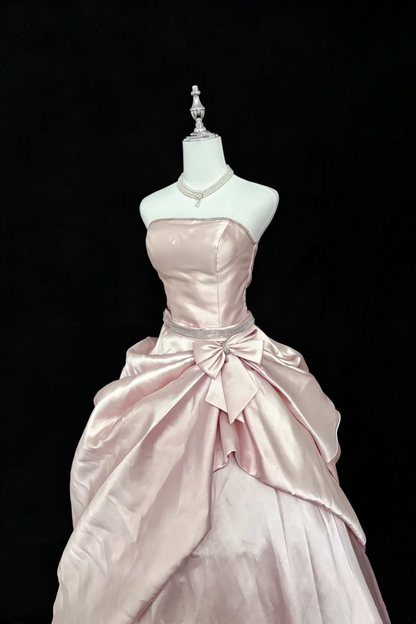 （Proprietary Color）Quinceanera Dress Satin Strapless Ball Gown With Rhinestone Belt Big Bow Formal Princess Dress F004