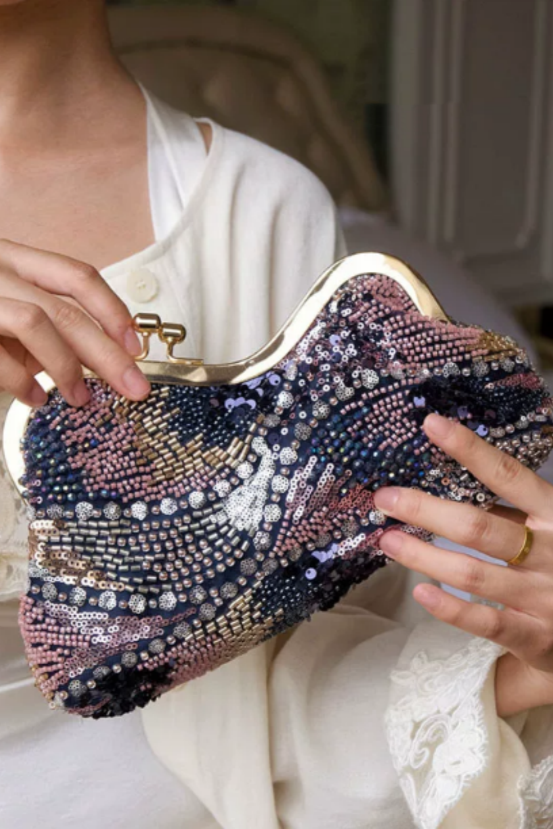 Beaded Sequin Evening Clutch, Wavy Gold Frame Party Handbag B009