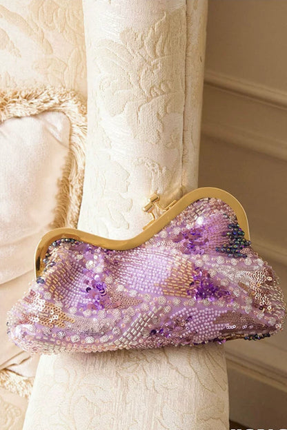 Beaded Sequin Evening Clutch, Wavy Gold Frame Party Handbag B009