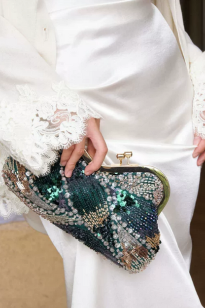 Beaded Sequin Evening Clutch, Wavy Gold Frame Party Handbag B009