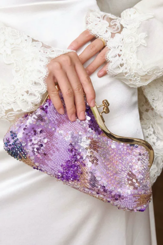 Beaded Sequin Evening Clutch, Wavy Gold Frame Party Handbag B009