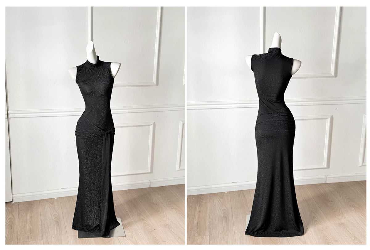 Black Glitter High Neck Sleeveless Mermaid Maxi Dress, Evening Party Dress F0483